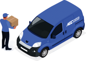 courier with parcel and van icon