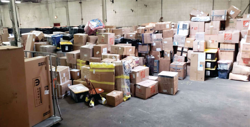 humanitarian aid packages in a warehouse